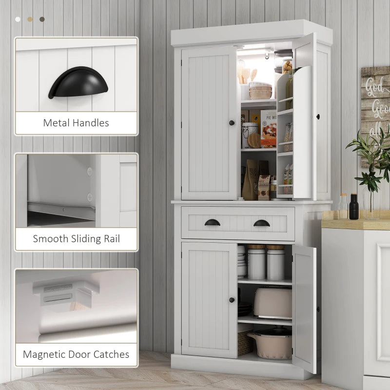 71" Kitchen Pantry Cabinet with LED Lights, 6 Spice Racks, a Drawer and 4 Adjustable Shelves, White