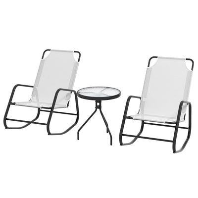 Outsunny Patio Rocking Chairs Set of 2, 3 Pieces Patio Bistro Set with Metal Frmae, Breathable Mesh Fabric Seat for Garden, Deck, White 