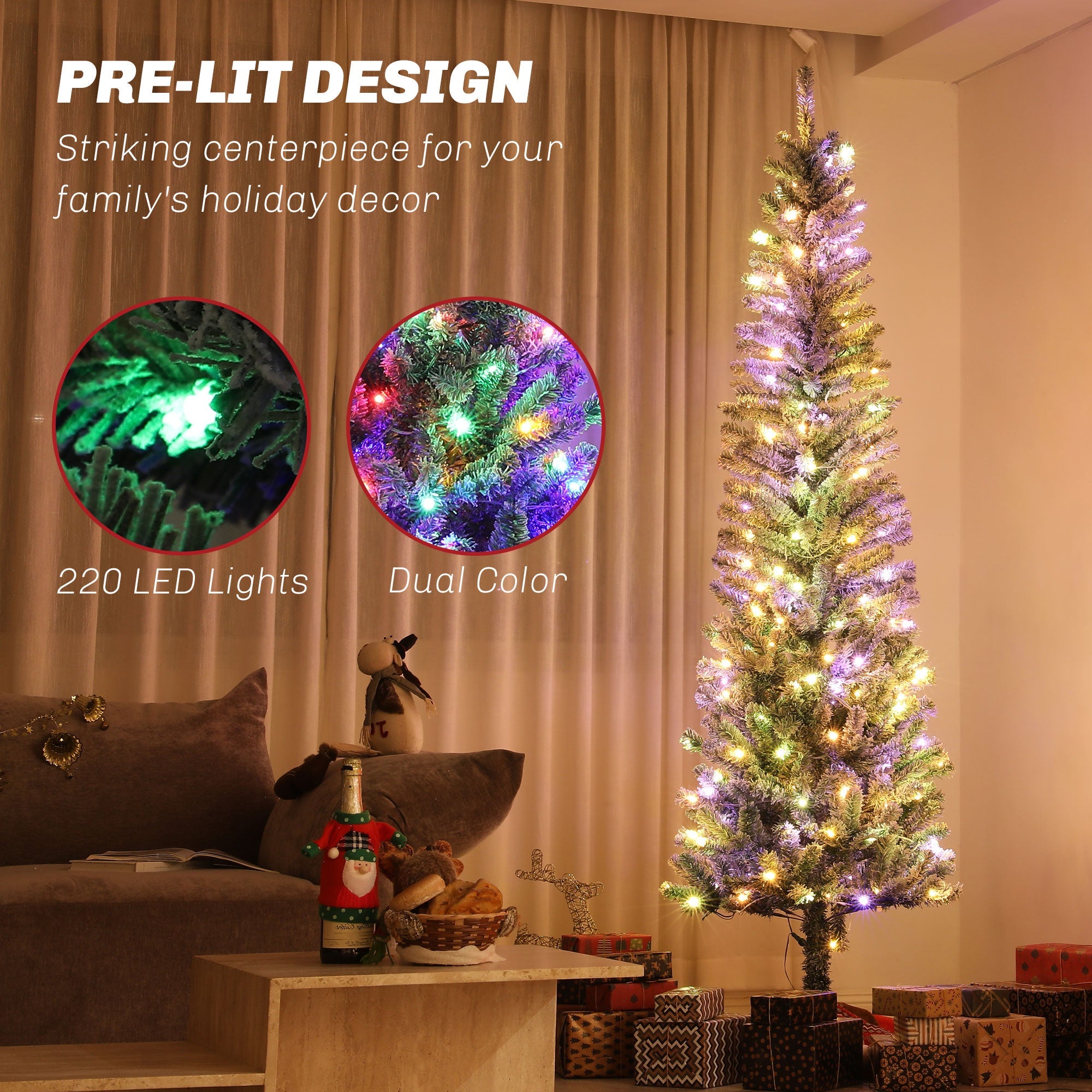 HOMCOM 7.5ft Prelit Pencil Artificial Christmas Tree, Flocked Xmas Tree with Dual Colour LED Lights, 519 Tips and Metal Stand 