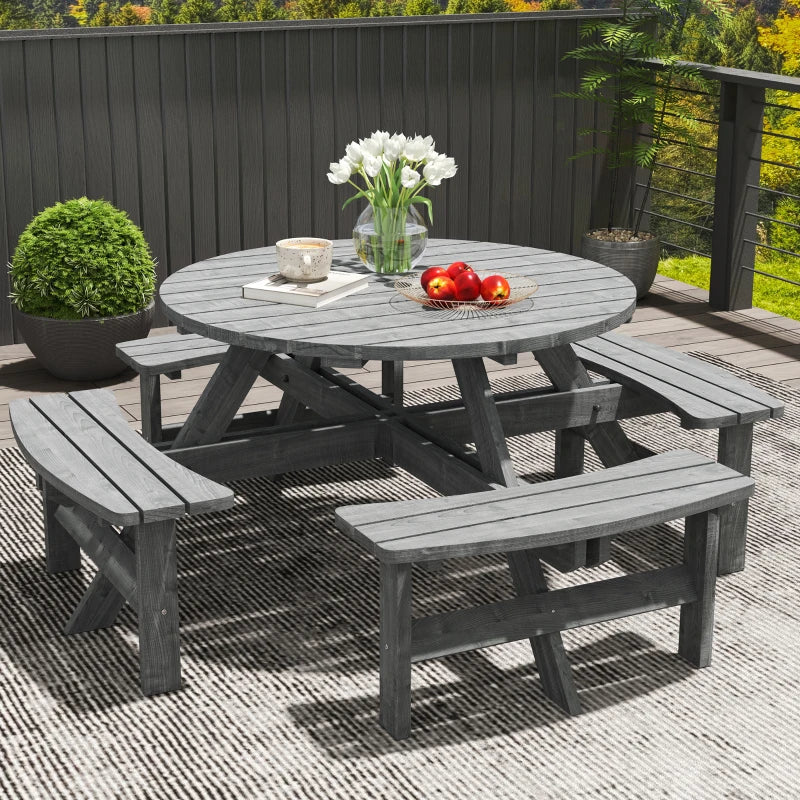 8 Seater Round Wooden Pub Bench & Picnic Table, Patio Dining Set for Outdoor Patio (Umbrella Not Included)