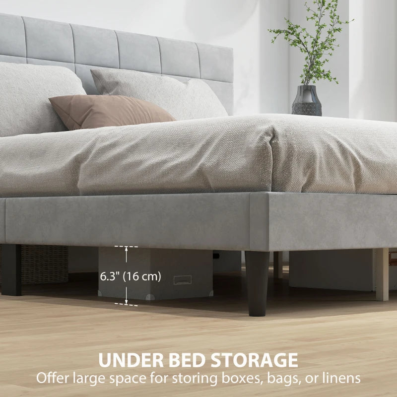Queen Size Bed Frame with Upholstered Headboard, Modern Platform Bed Frame with Wood Slats, 1100 lbs Capacity, Grey