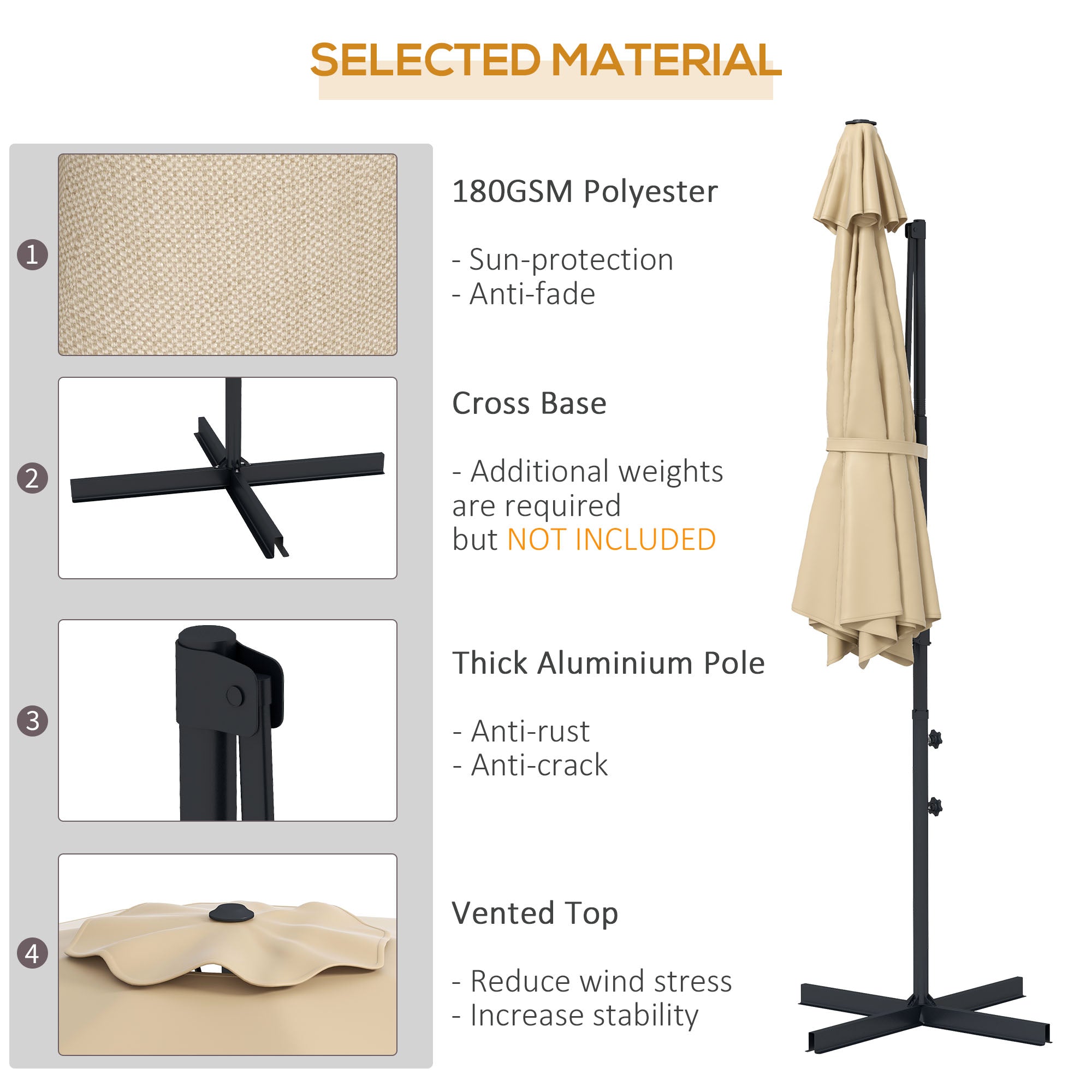 Outsunny 10ft Aluminum Patio Cantilever Umbrella with 360 Degree Rotation Crank Tilt Mechanism Cross Base for Outdoor Khaki 