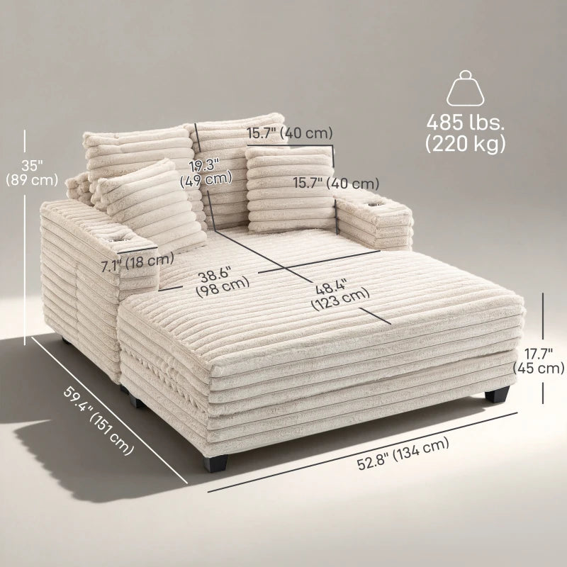 🛋️ 60" Oversized Chaise Lounge Sleeper Sofa – With Cup Holders & Pillows  Available in Gray & Beige