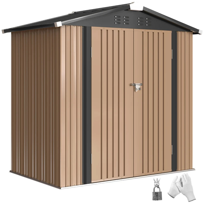 6.5' x 4'  Outdoor Storage Shed, Metal Garden Shed with Lockable Double Doors, 4 Vents, Brown