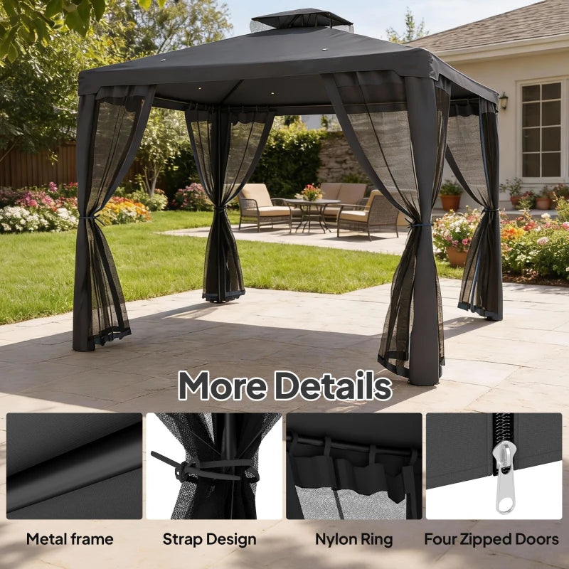 9.6' x 9.6' Patio Gazebo Outdoor Pavilion 2 Tire Roof Canopy Shelter Garden, Steel Frame w/ Mosquito Netting, Dark Grey