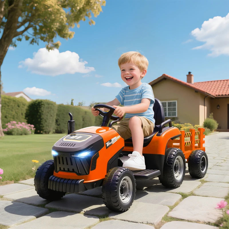 Qaba 12V Kids Ride On Tractor with Trailor, Remote Control, Music, Lights, Shifter, for Kids Ages 3-8 Years, Orange