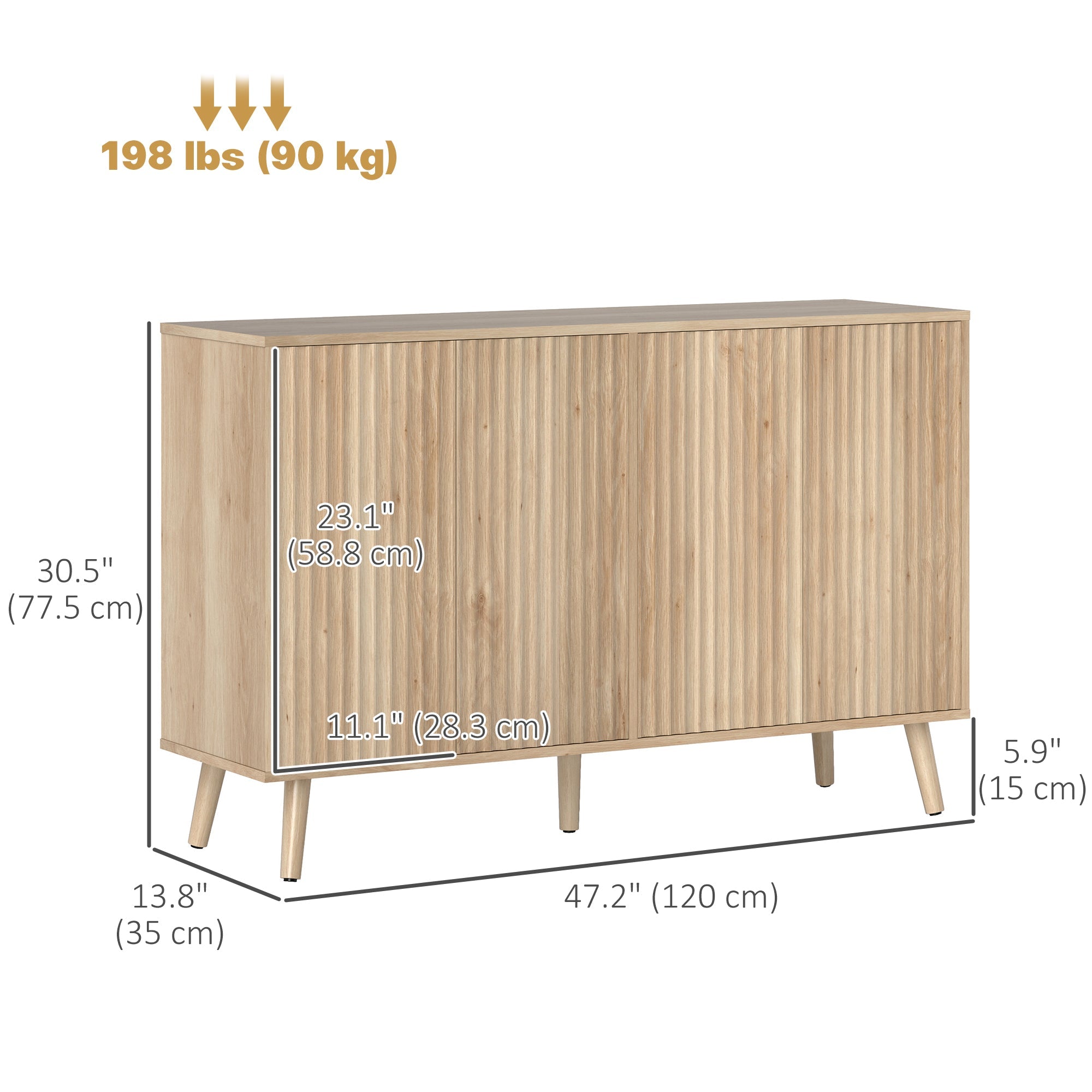 HOMCOM Buffet Cabinet with Storage Modern Fluted Sideboard with Adjustable Shelves Wood Legs for Dining Room Living Room Oak 