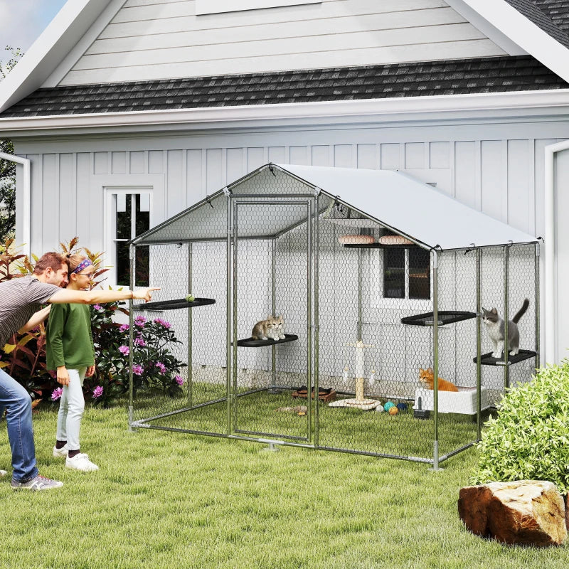 Large Catio Outdoor Cat Enclosure with Waterproof Cover, Walk-in Cat Patio w/ 5 Adjustable Platforms & Hammock 94.5" W