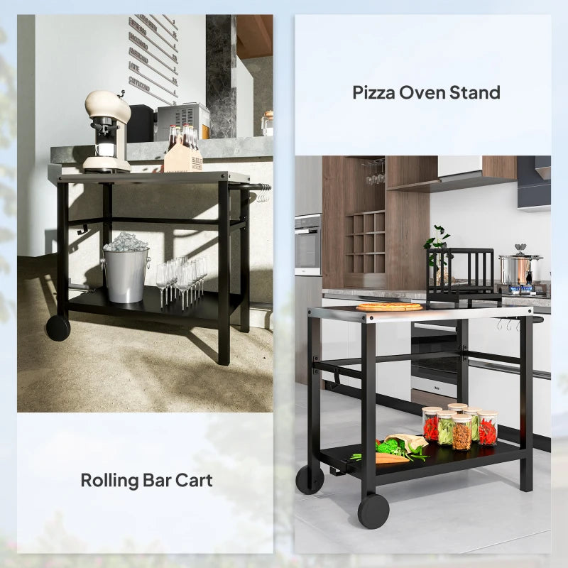 Outdoor Grill Dining Cart with Stainless Steel Tabletop, 2-Shelf BBQ Movable Pizza Oven Stand with Wheels, Charcoal Grey