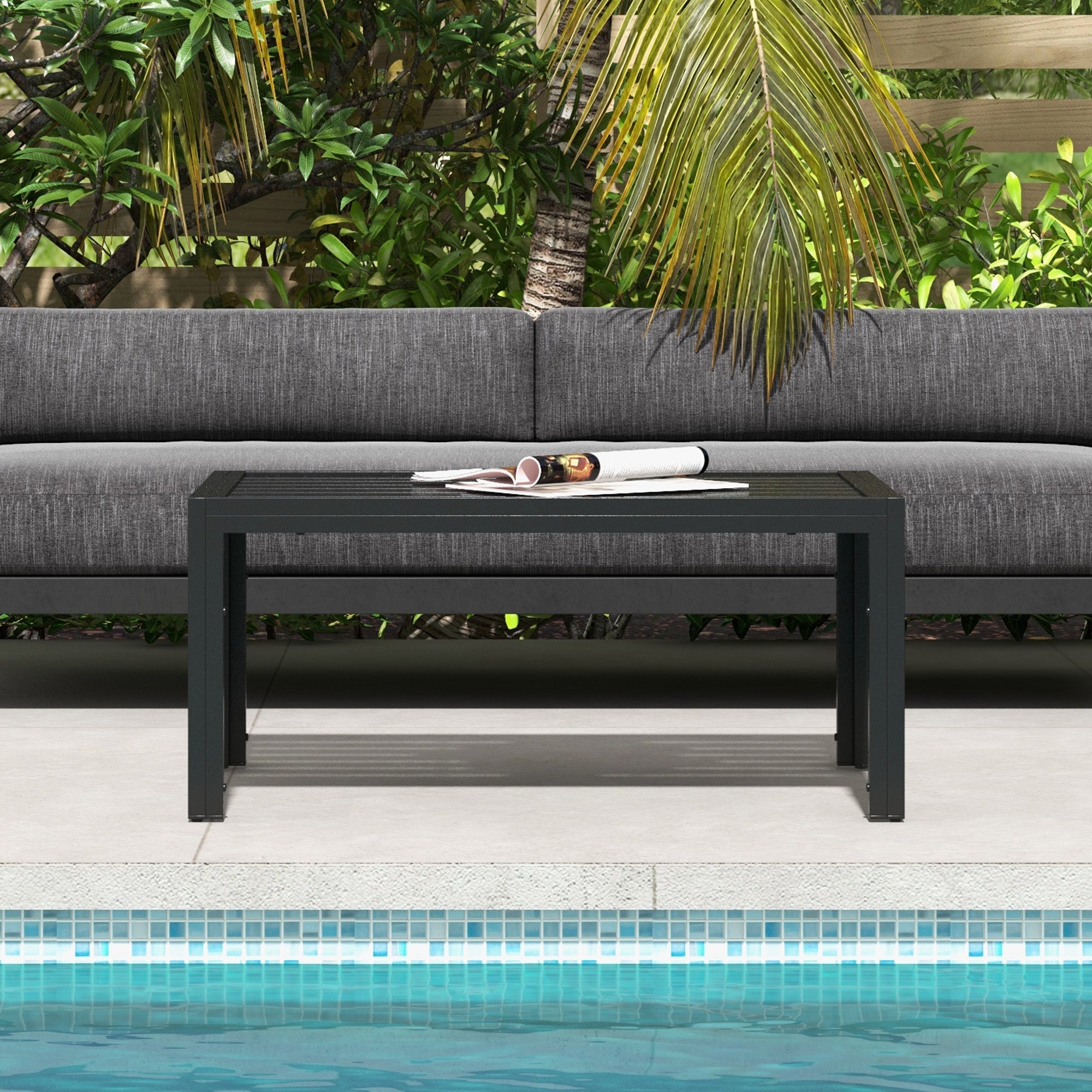 Outsunny Outdoor Coffee Table, Rectangular Patio Side Table with Steel Frame and Slat Tabletop for Garden, Balcony, Black 