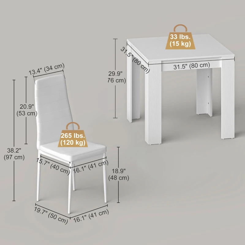 Dining Table Set for 2, Square Kitchen Table and Chairs, Dining Room Table and PU Leather Upholstered Chairs, White