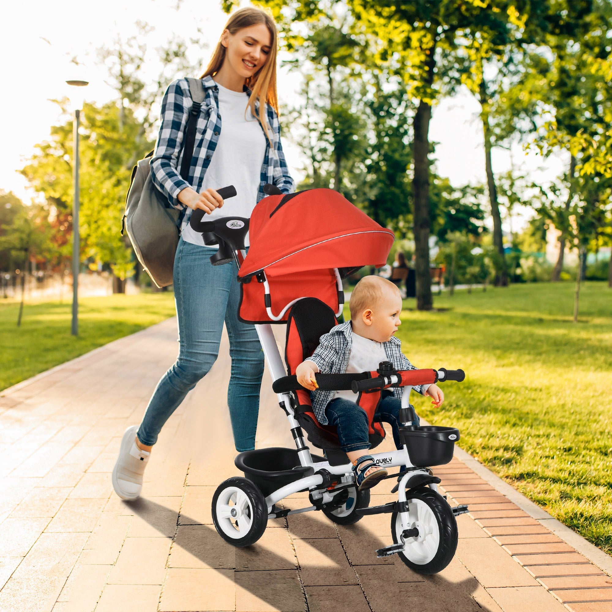 Qaba Red 6-in-1 Kids Trike with Parent Control Handle, Canopy, Storage, Cupholder - Outdoor Play Essential 