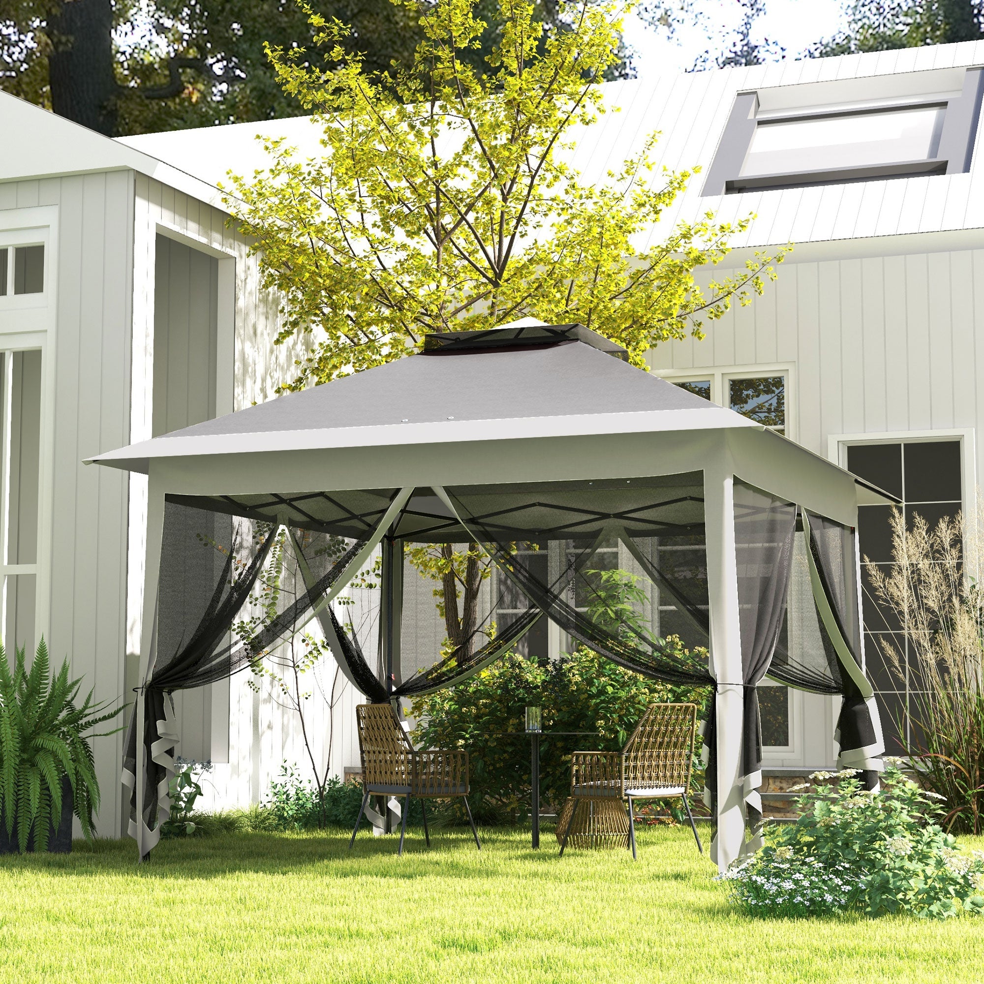 Outsunny 11' x 11' Pop Up Gazebo, Double Roof Foldable Height Adjustable Canopy Tent with Mesh Sidewalls, Carrying Bag, Dark Grey 
