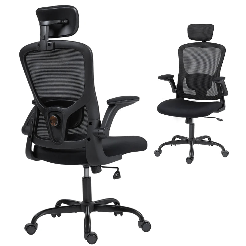 Ergonomic Office Chair, Mesh Desk Chair with Adjustable Headrest, Lumbar Support and Height, Flip-Up Armrests, Black