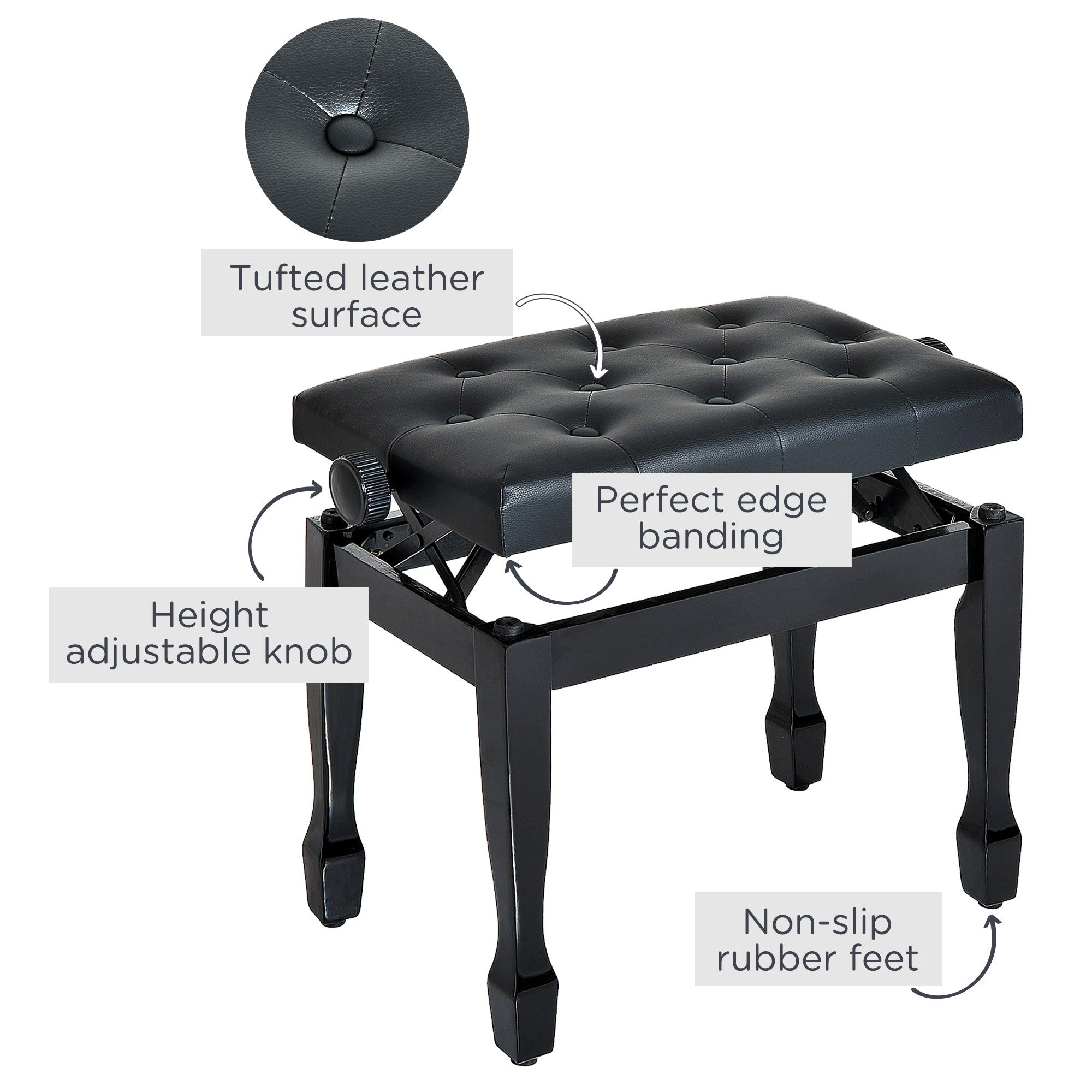 HOMCOM Adjustable Padded Piano Bench 25" Wooden Artist Keyboard Stool Chair Black 