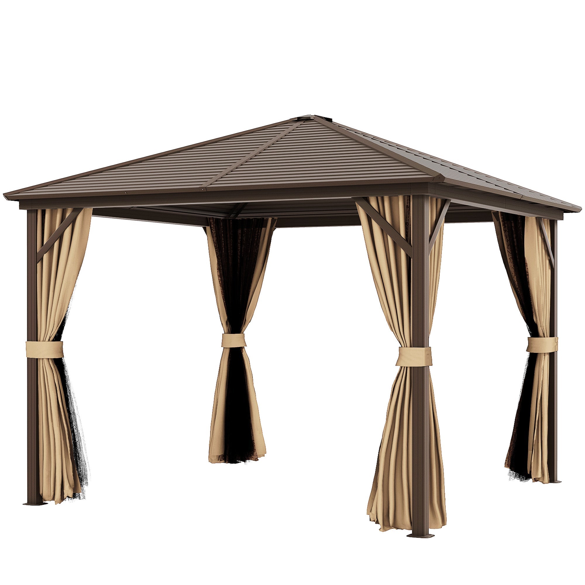 Outsunny 10' x 10' Hardtop Gazebo Outdoor Aluminum Gazebo Canopy with Mosquito Netting, Curtains, Hanging Hook, Brown 