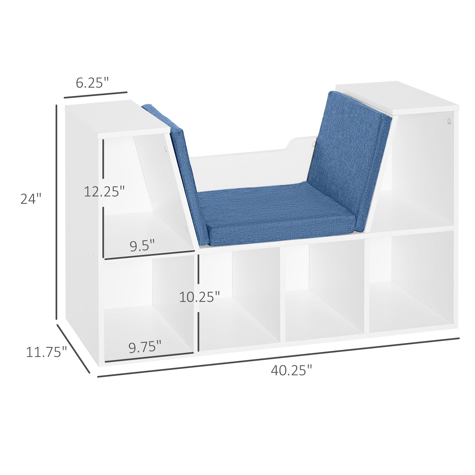HOMCOM Kiddie Cubby Bliss: 6-Cubby Bookcase with Cushioned Reading Nook, Storage Organizer Cabinet Shelf in White & Blue 