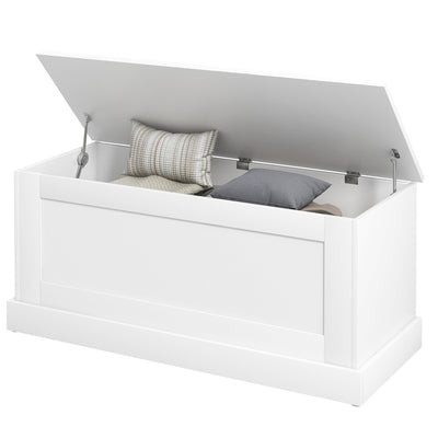 HOMCOM 39.4 Inches Storage Chest, Storage Trunk with Safety Hinge, Wooden Toy Box for Living Room, White Wood Grain 