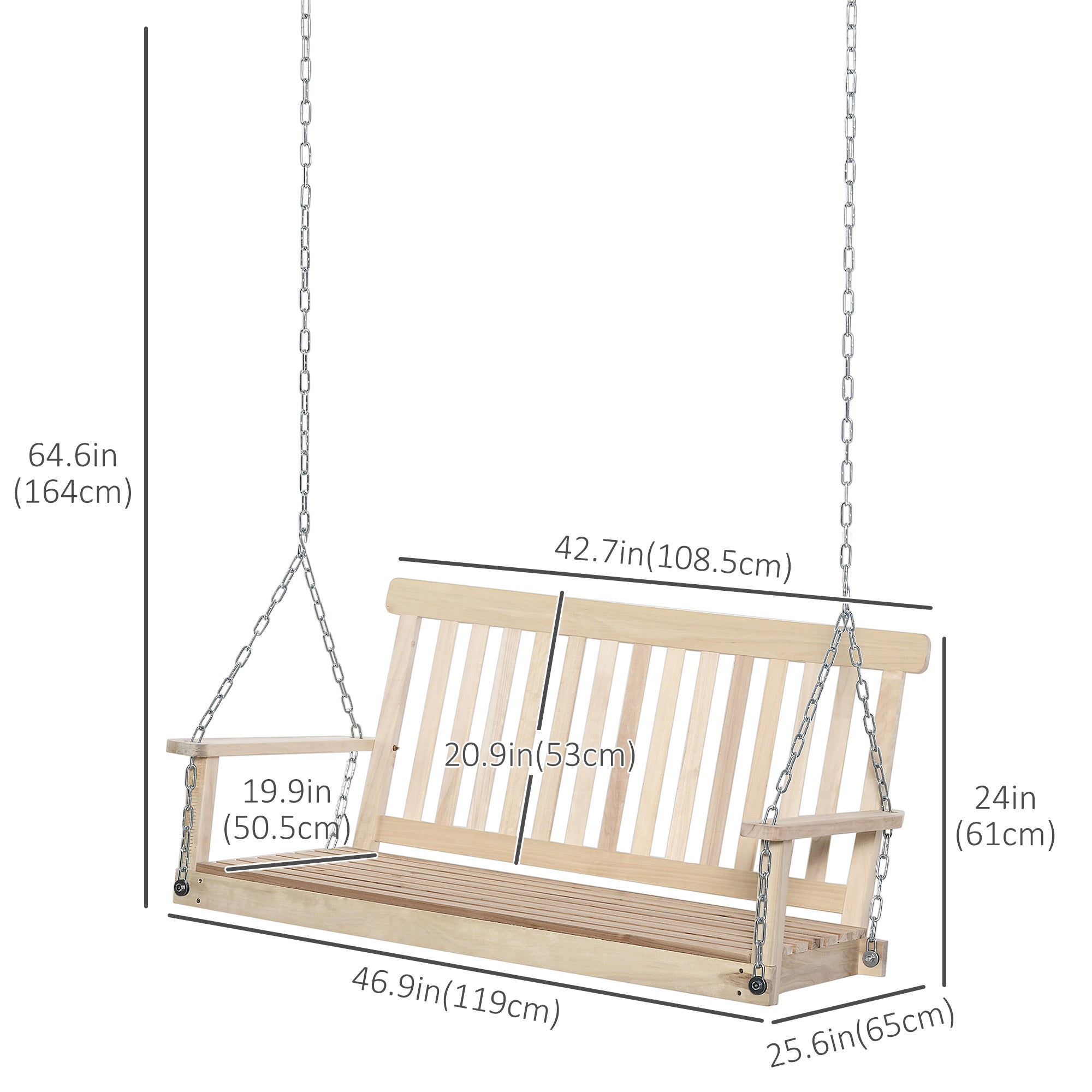 Outsunny 2-Seater Patio Swing Chair: Slatted Fir Wood Design with Hanging Chains, Natural Finish 