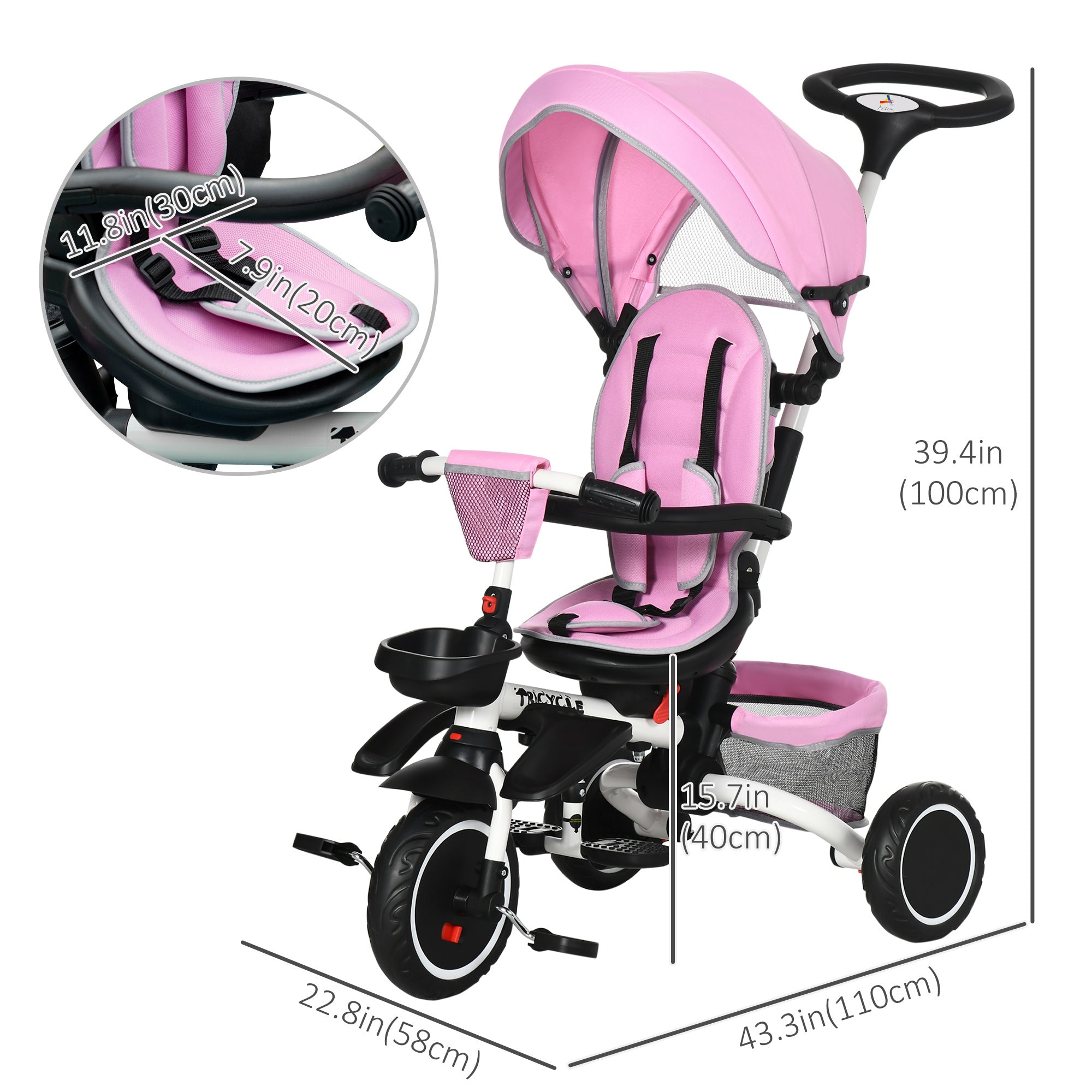 Aosom 7-in-1 Toddler Tricycle: Kids Trike with Rotatable Seat, Push Handle, Safety Harness, Canopy, Footrest 