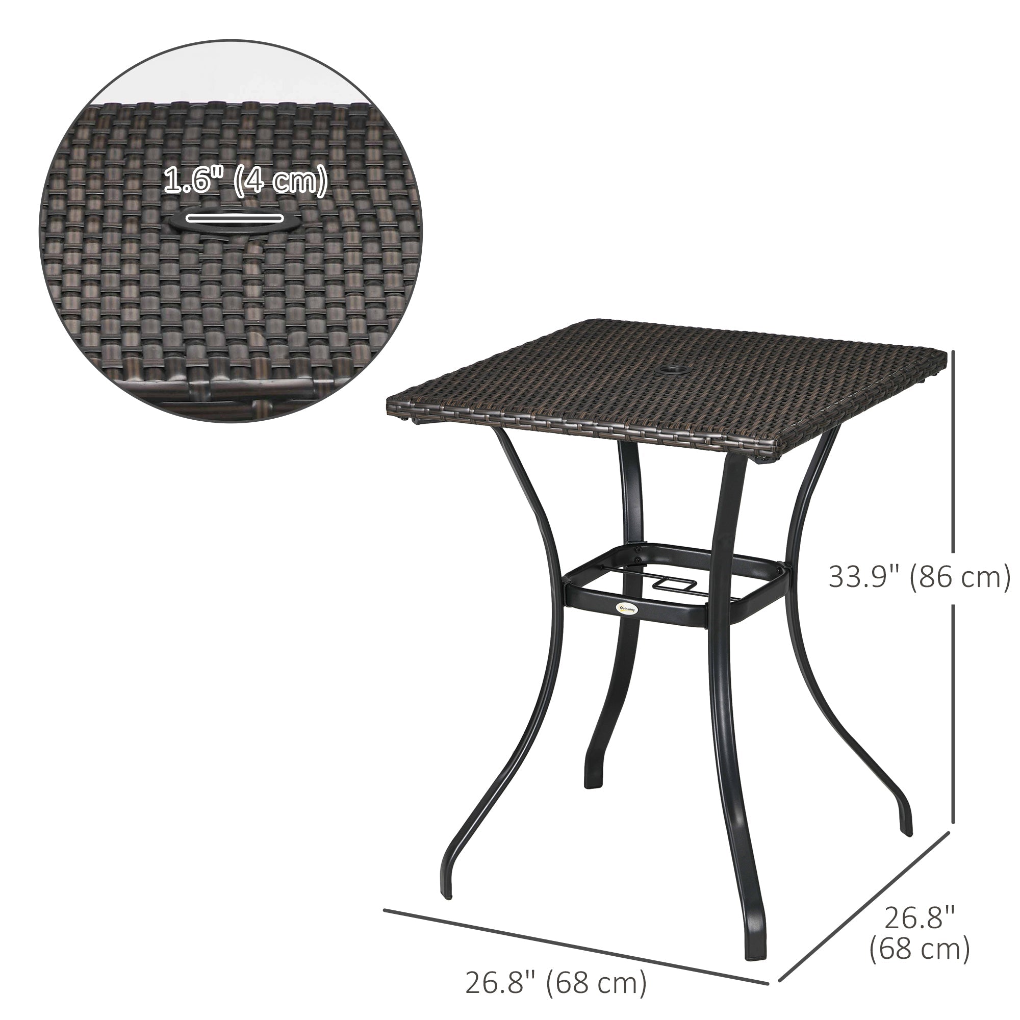 Outsunny Wicker Patio Dining Table with Umbrella Hole Outdoor Rattan Coffee Table for Garden Balcony Mixed Brown 