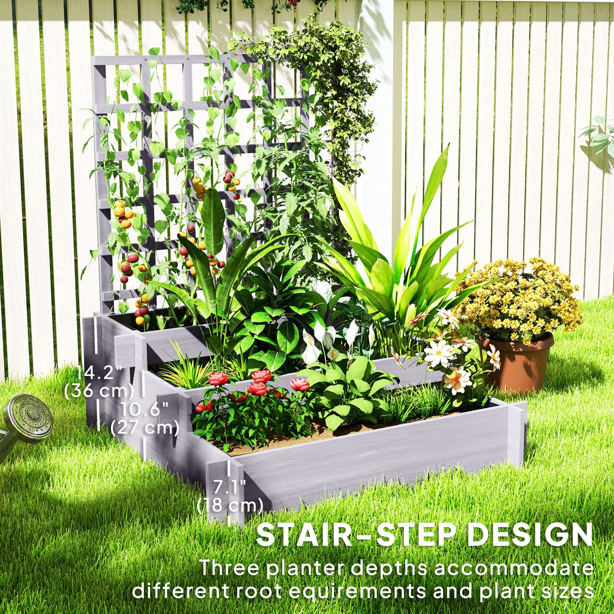 Outsunny Wooden Elevated Planter Box with Trellis for Climbing Plants, 3 Tier Raised Garden Bed for Garden, Outdoor, Grey 