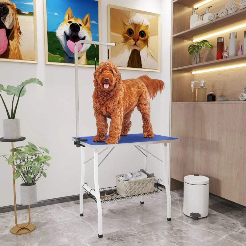 Dog Grooming Table w/ Adjustable Arm, Mesh Tray,  Two Nooses, Rubber Surface, 35" x 24" x 61", Blue