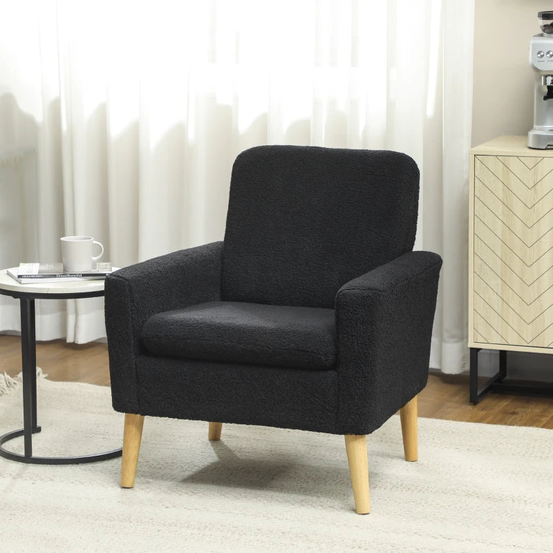 Fabric Accent Chair, Modern Upholstered Armchair with Wood Legs and Wide Padded Seat, Black