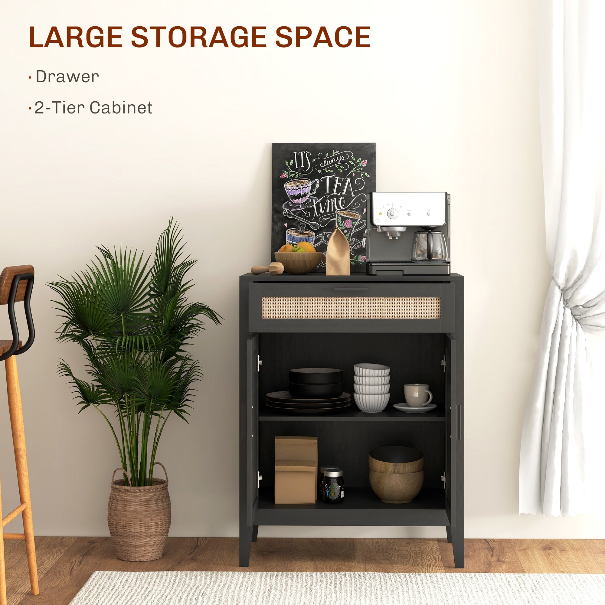 HOMCOM Kitchen Buffet Cabinet Boho Storage Cabinet 2 Rattan Decorated Doors Drawer Dining Room Black 