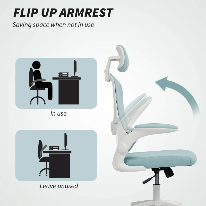 Ergonomic Mesh Office Chair, High Back Desk Chair with Rotatable Headrest, Flip-Up Armrests, Lumbar Support, Light Green