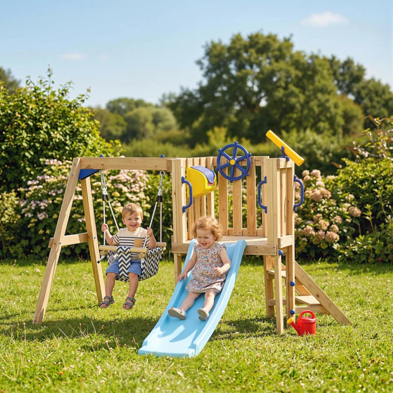 Wooden Kids Swing Set with Slide, Swing Seat, Captain's Wheel, Telescope, for Ages 18-48 Months, Natural