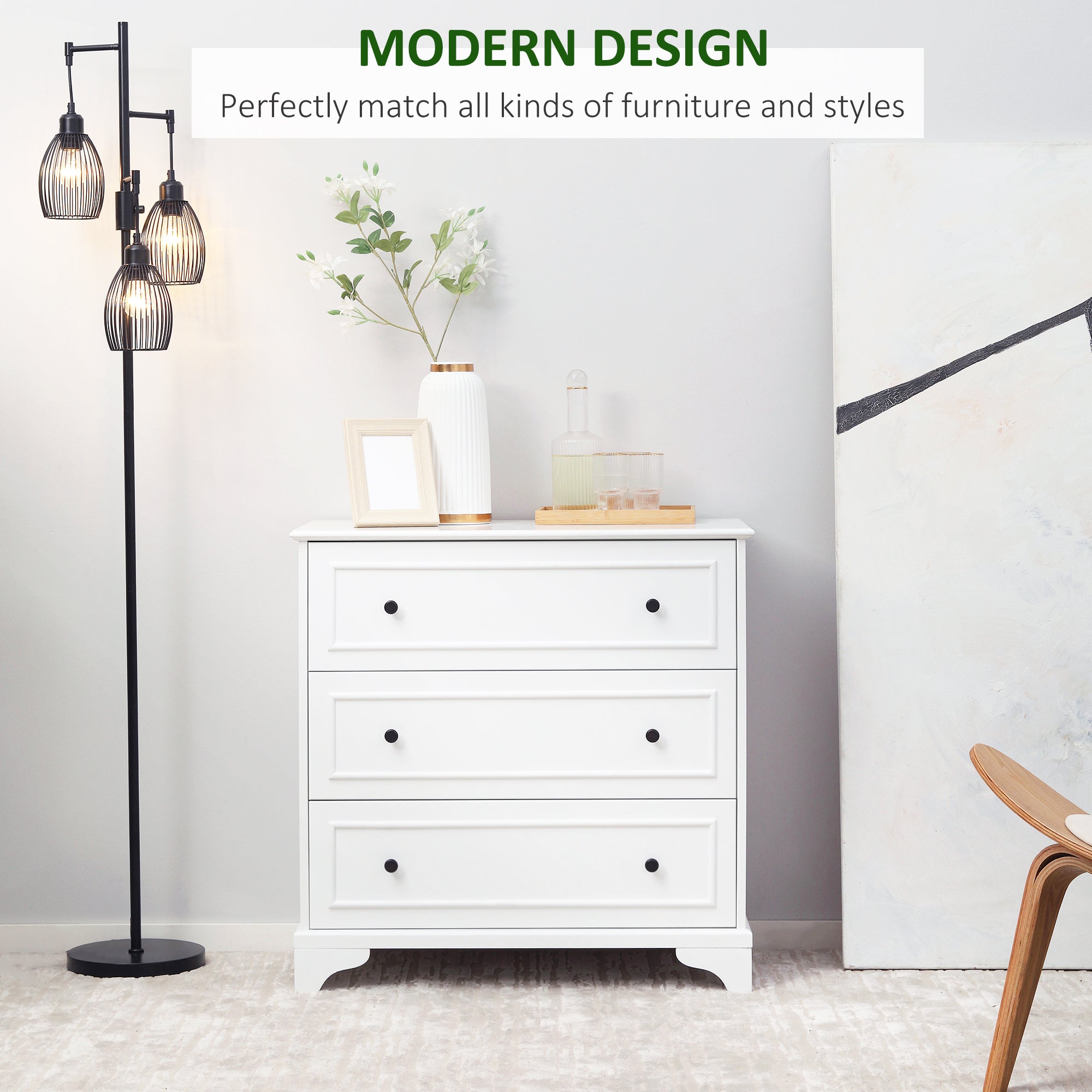 HOMCOM Elegant 3-Drawer Dresser Storage Tower Cabinet for Bedroom Hallway Modern Chest of Drawers White 