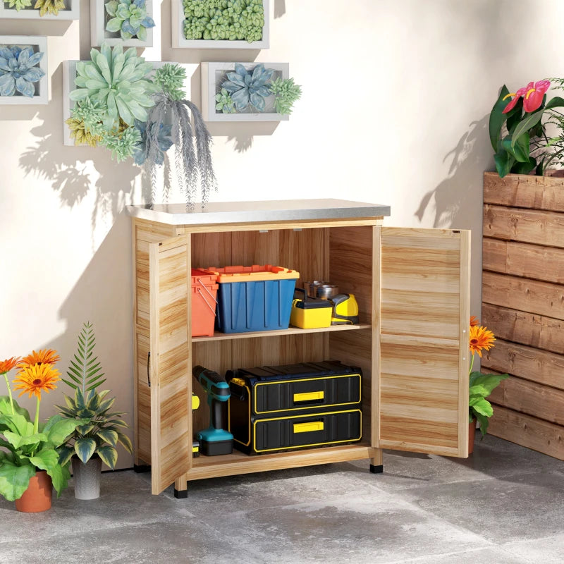 Garden Storage Cabinet, Outdoor Potting Bench Table with Metal Tabletop, Shelf and Double Doors, Natural