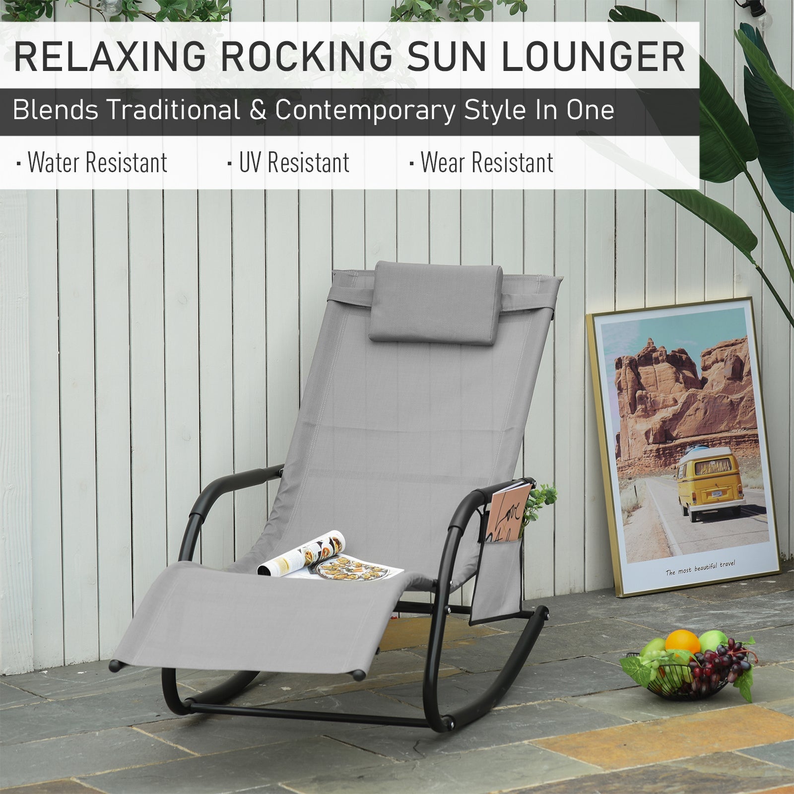 Outsunny Patio Rocking Recliner Chair Sling Fabric Sun Lounger with Headrest Side Pocket for Outdoor Garden Deck Grey 