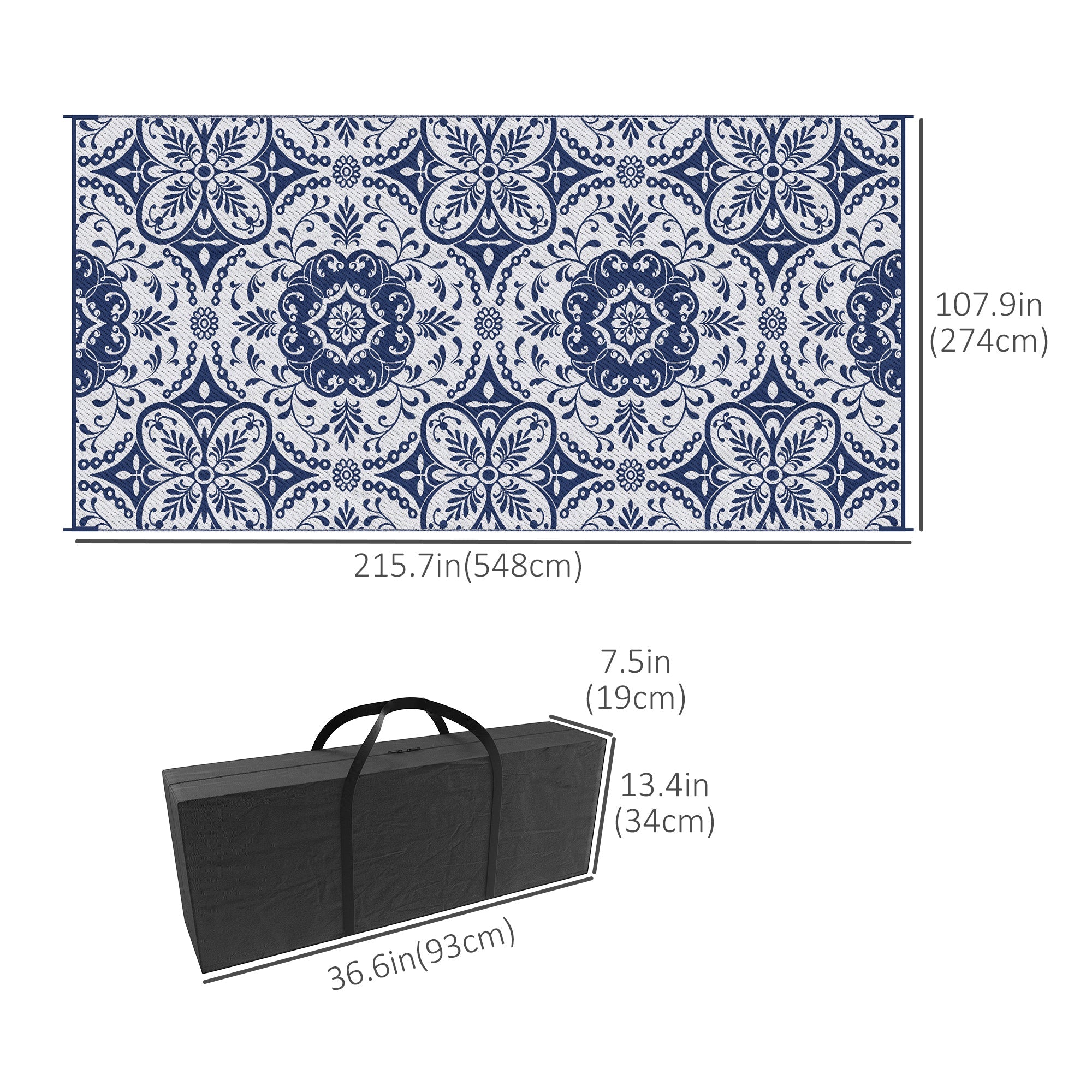 Outsunny 9' x 18' Portable Outdoor Rug Reversible Waterproof Mat with Carry Bag for RV Backyard Deck Blue White Flower 