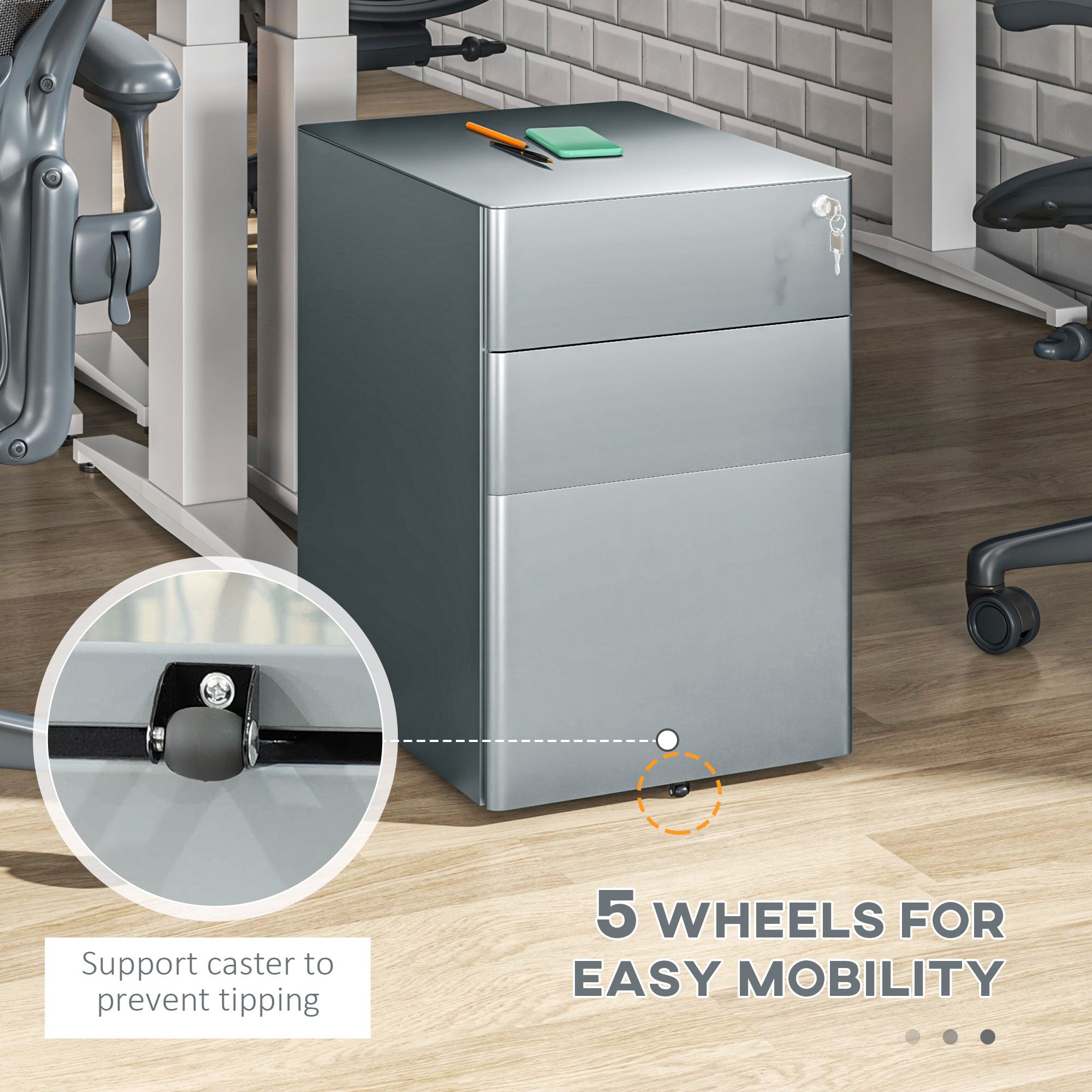 Vinsetto Filing Cabinet 3 Drawers Steel Home Office Storage Wheels Lock A4 Letters Legal-sized Files Grey Metal 
