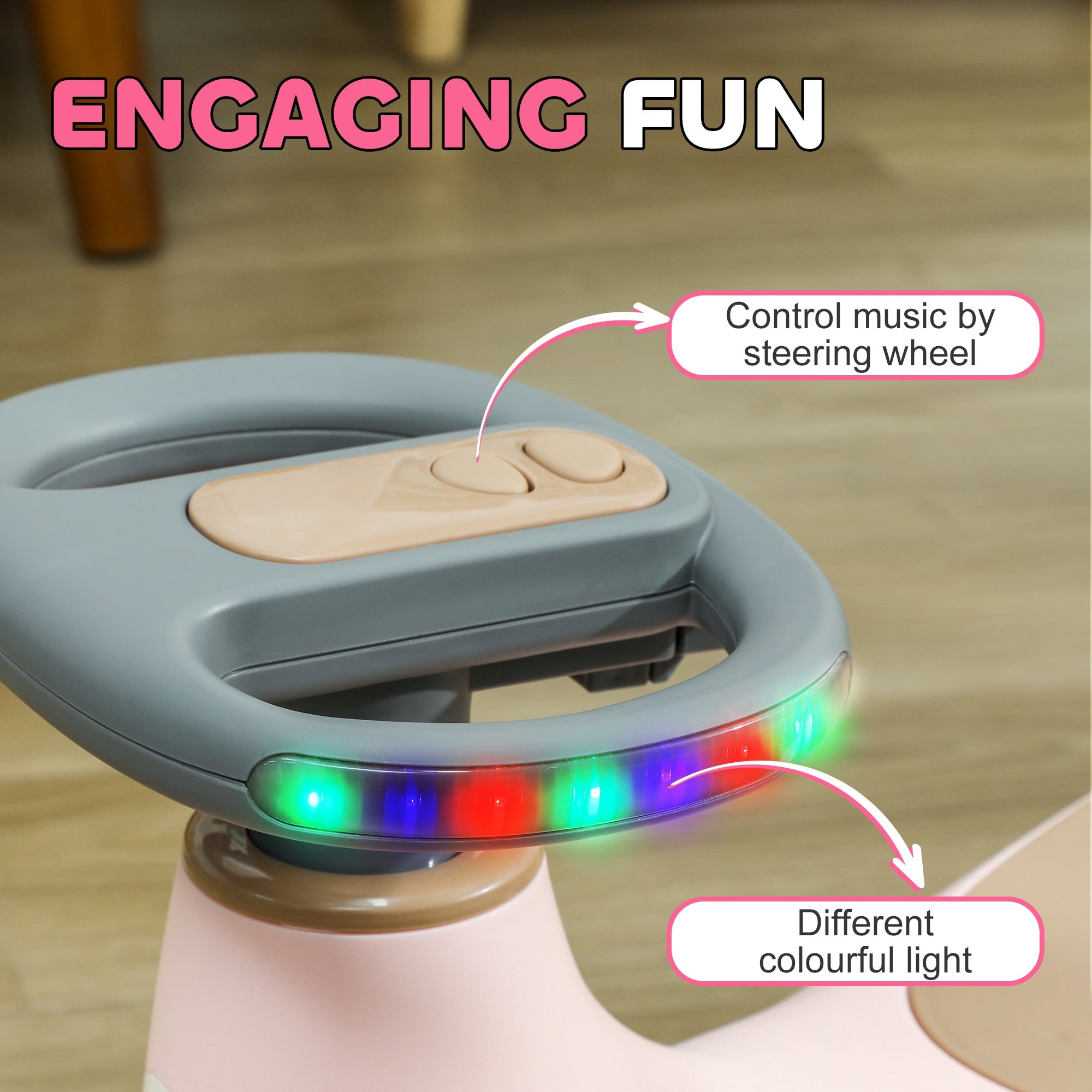 Qaba Kids Wiggle Car w/ Parent Traction Rope, Music, Light, Pink 