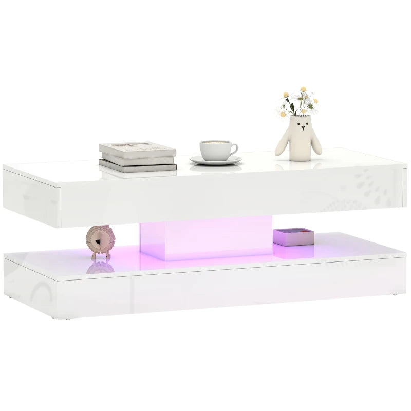 Coffee Table with Adjustable LED Lights, Modern Living Room Table with 2 Drawers, Open Shelf, Remote, High Gloss White