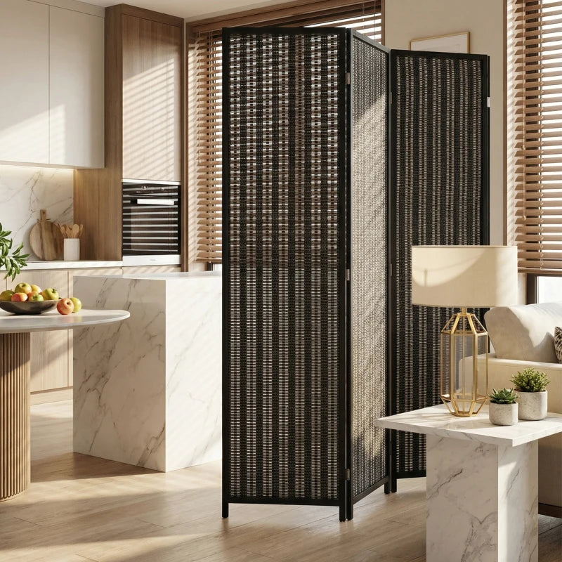 Folding Privacy Screen, 3 Panel Room Divider, Freestanding Partition with Handwoven Bamboo and Pine Wood Frame, Black