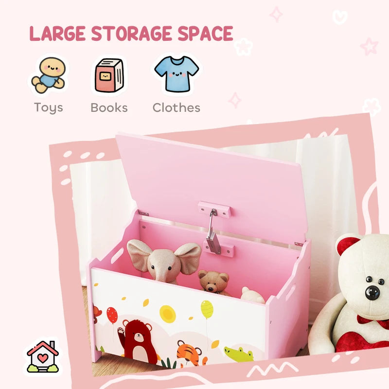 Qaba Kids Storage Chest with Lid, Toy Box Organizer with Safety Hinges for Playroom, Bedroom, Living Room, Pink