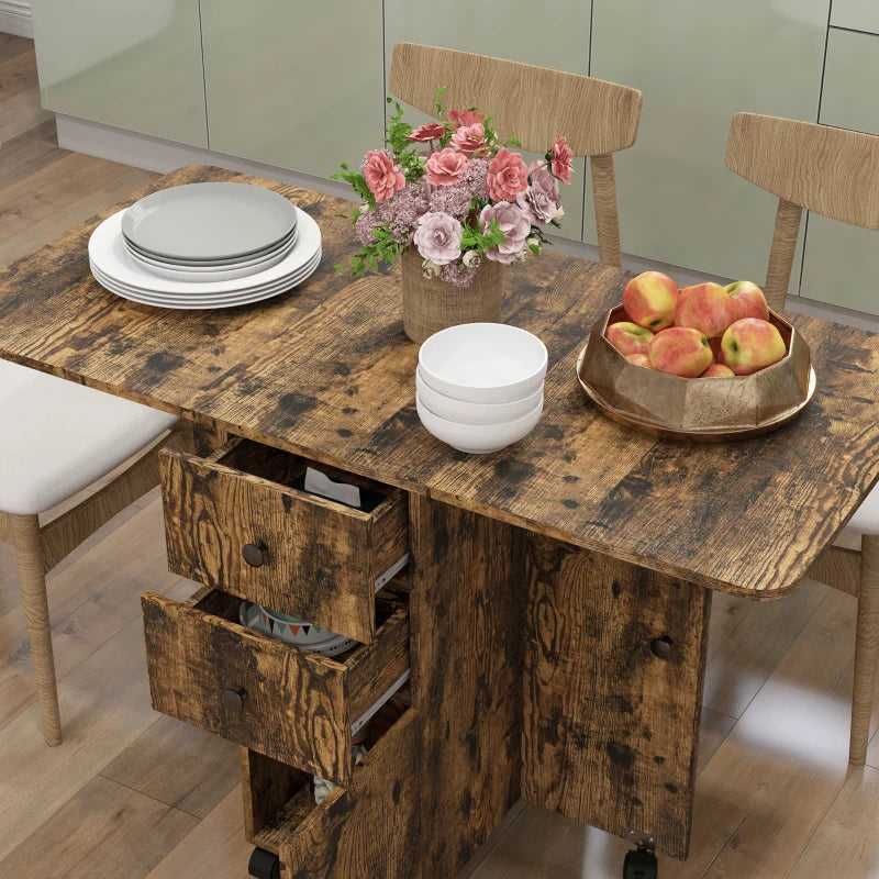 Drop Leaf Dining Table, Mobile Folding Table on Wheels with Drawers and Cabinet for Dining Room, Kitchen, Rustic Brown