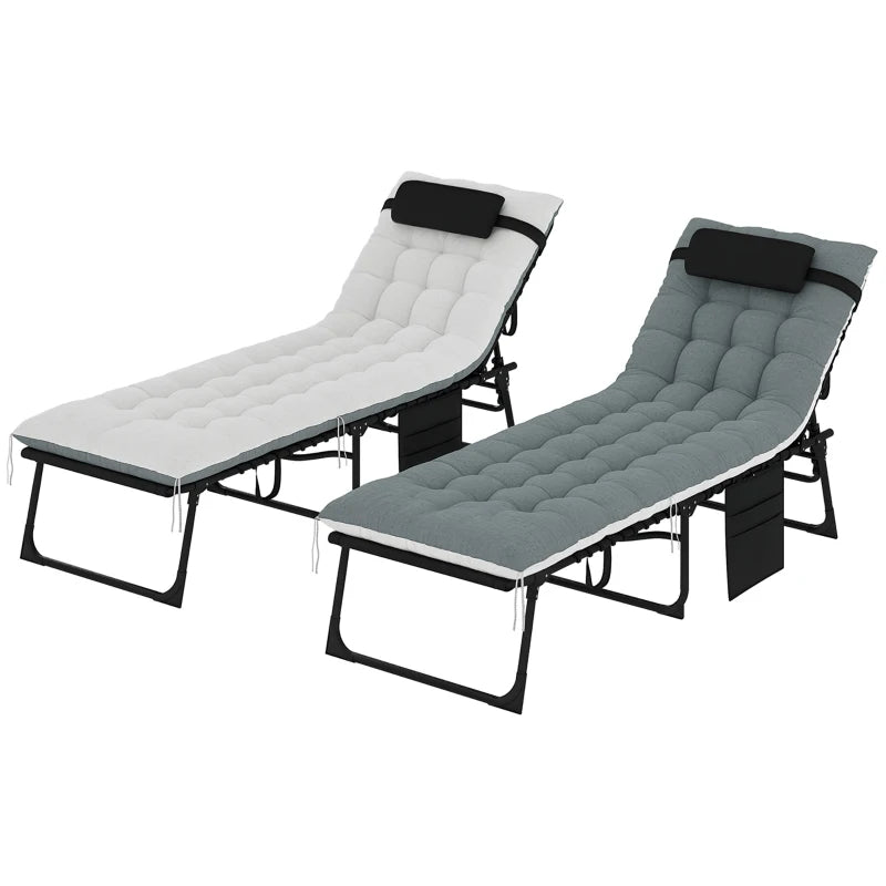Outdoor Lounge Chair Set of 2, Folding Chaise Lounge Tanning Chair with Cushion, Side Pocket, Black/Grey