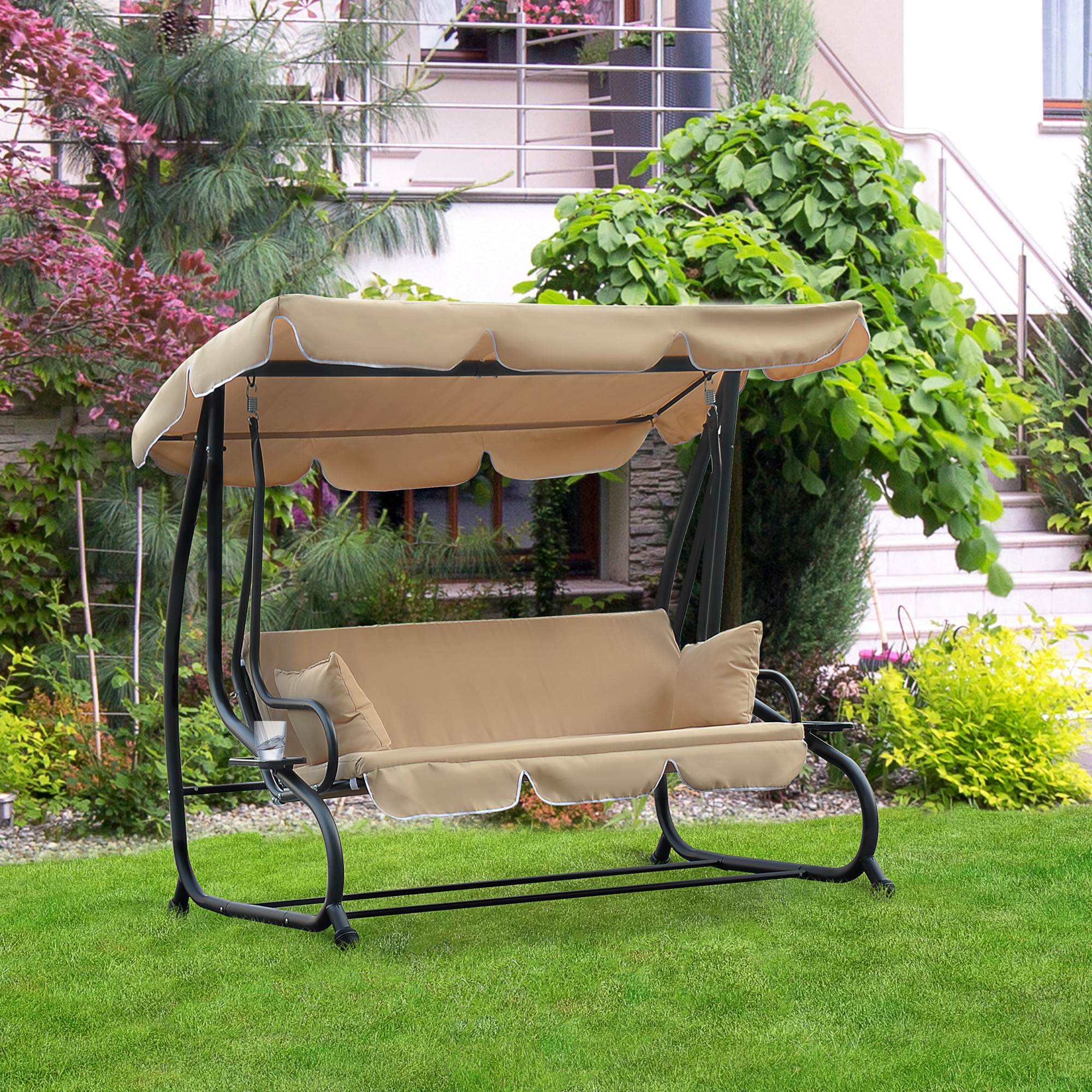 Outsunny Heavy-duty Metal 3 Seater Outdoor Swing Chair Garden Hammock Bed with Canopy and 2 Pillows Beige 