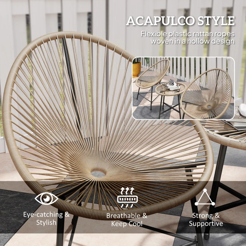 Outdoor Bistro Set, 3 Piece Wicker Patio Furniture Set with Acapulco Chairs and Glass-Top Table, Natural Wood
