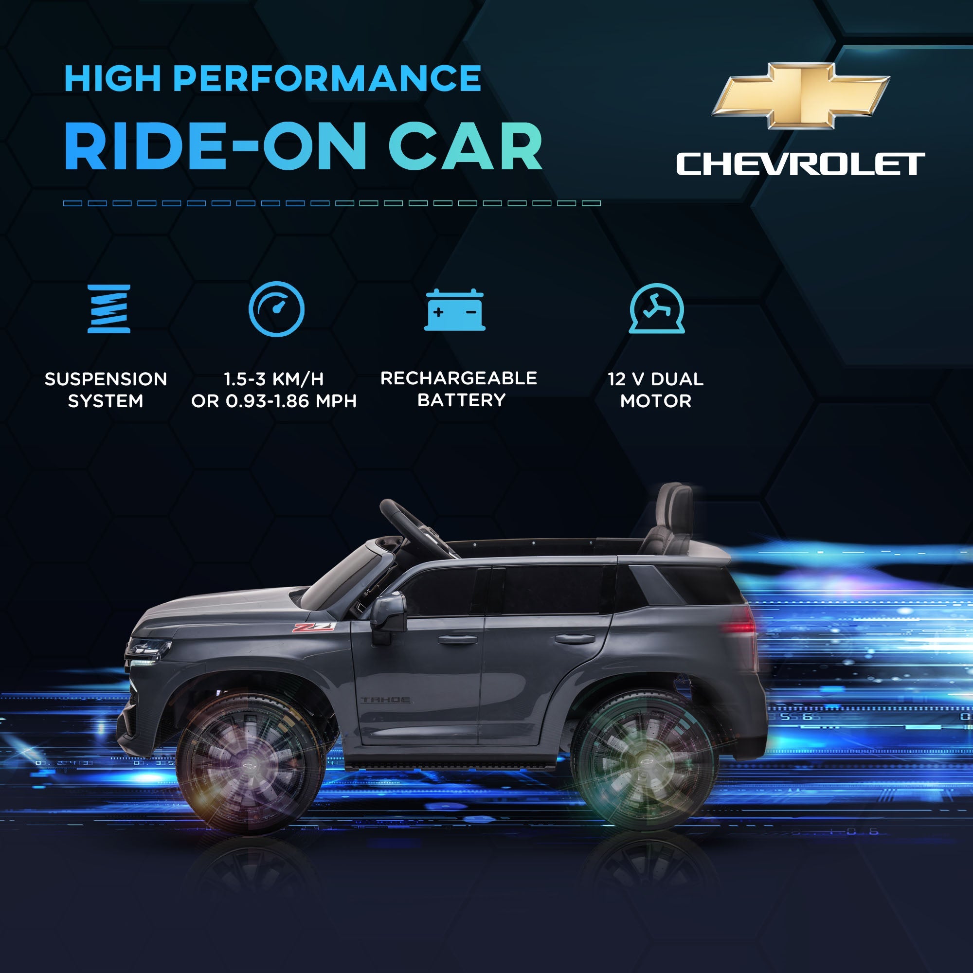 Aosom 12V Chevrolet TAHOE Kids Ride On Car Remote Control MP3 Music Lights Electric Toy Truck 3-6 Years Grey 