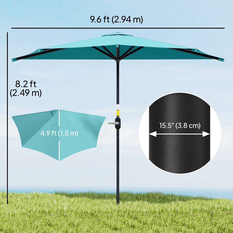 9.8ft Half Umbrella Semi Round Patio Parasol with Crank Handle, Top Vent for Garden, Balcony- NO BASE INCLUDED, Light Blue