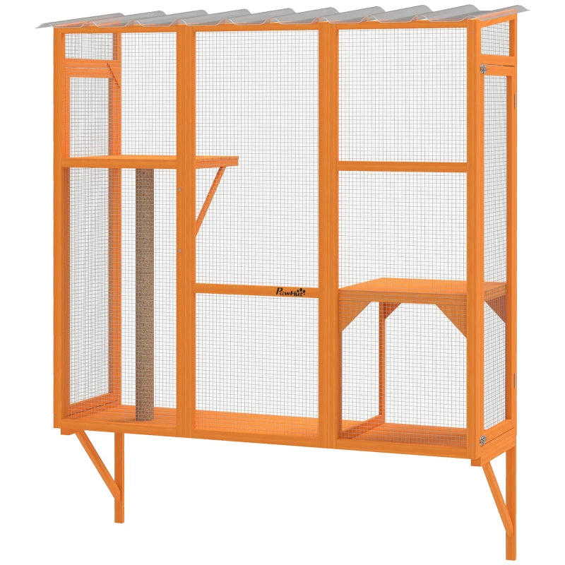 Wooden Catio Outdoor, Cat Window Box Enclosure for 2-3 Large Cats with 2 Jumping Platforms & Scratching Post, Orange