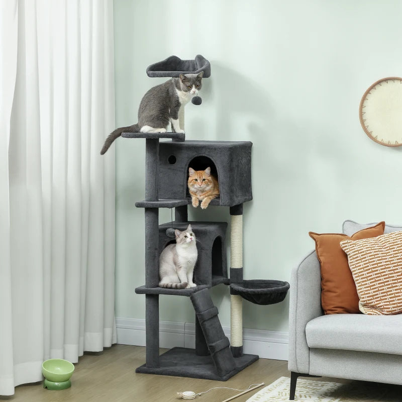63 Inch Cat Tree with Sisal Scratching Posts, Condos, Plush Perches, Hammock, Ladder, Dangling Balls, Dark Grey