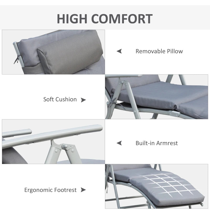 Outdoor Folding Chaise Lounge Chair Recliner with Portable Design, Adjustable Backrest, Cushion and Headrest, Grey