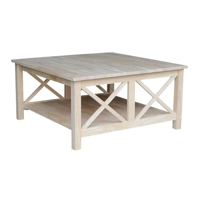 Square Unfinished Solid Wood Coffee Table with Bottom Shelf - Free Shipping 